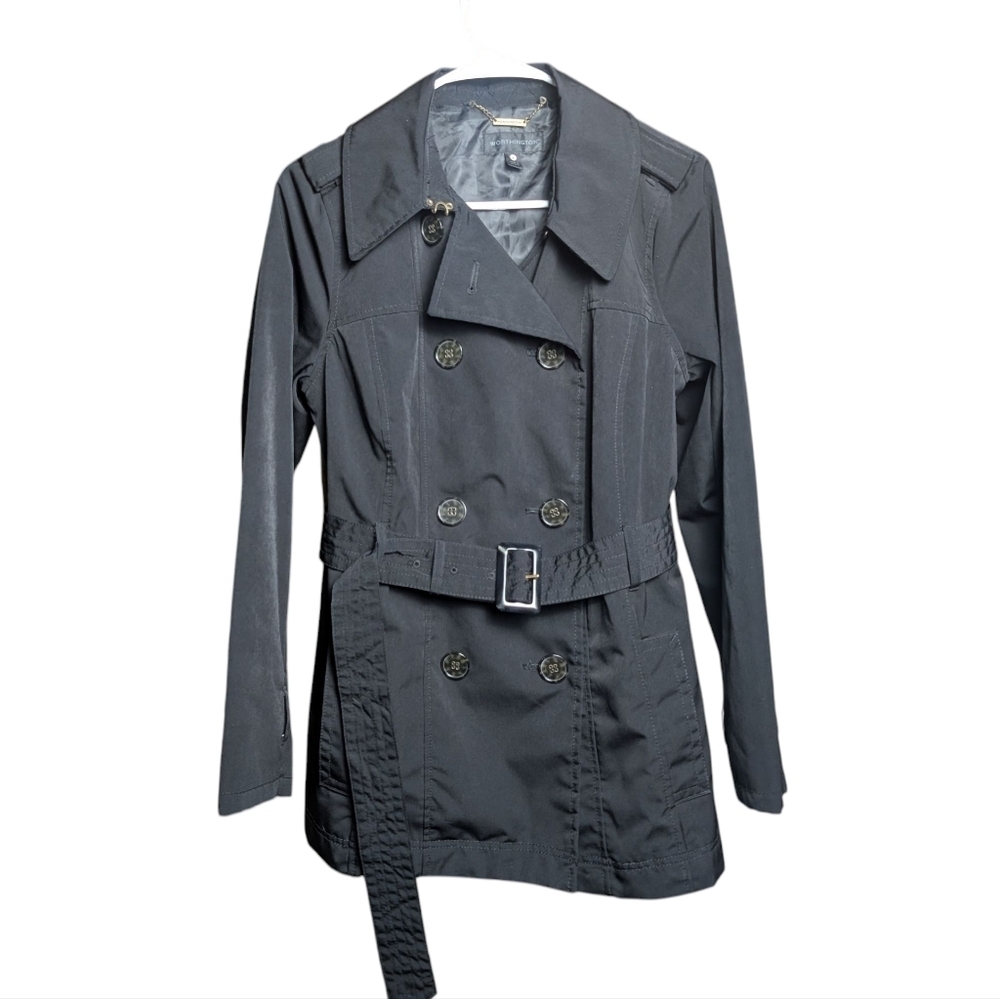 Worthington Womens M Black Trench Coat Button Up Belt Pockets New No Tags Lined